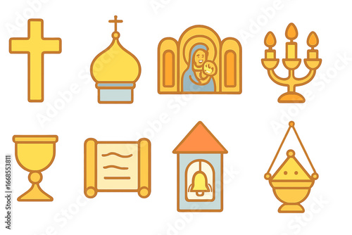 Orthodox Church Icon Grid. Flat vector mini-illustrations Orthodox church symbols in colors children's illustrations: golden cross