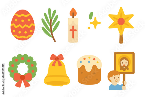 Orthodox Festival Icons. Flat vector mini-illustrations Orthodox Christian festivals in colors children's illustrations: Easter