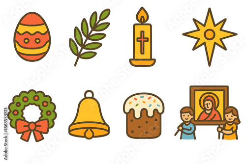 Orthodox Festival Icons. Flat vector mini-illustrations Orthodox Christian festivals in colors children's illustrations: Easter