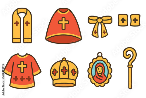 Orthodox Vestments Icons. Flat vector mini-illustrations Orthodox vestments in colors children's illustrations: epitrachelion,
