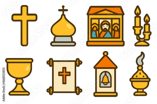 Orthodox Church Icon Grid. Flat vector mini-illustrations Orthodox church symbols in colors children's illustrations: golden cross