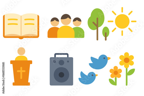 Outdoor Sermon Scene. Flat vector mini-illustrations outdoor sermon in colors children's illustrations: open bible, crowd, trees,