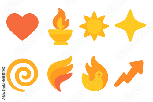 Phoenix Symbolism Icons. Flat vector mini-illustrations phoenix symbolism in colors children's illustrations: heart, eternal flame
