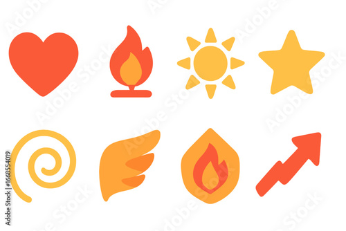 Phoenix Symbolism Icons. Flat vector mini-illustrations phoenix symbolism in colors children's illustrations: heart, eternal flame