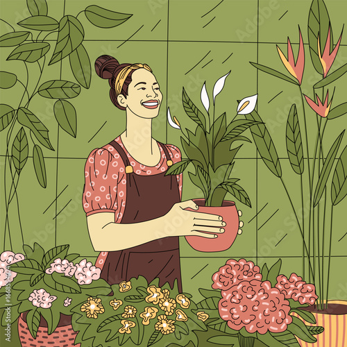 Happy young woman with houseplants. Smiling girl in apron taking care of flowers. Woman working in greenhouse. She is holding a pot with spathiphyllum. Vector illustration in flat style