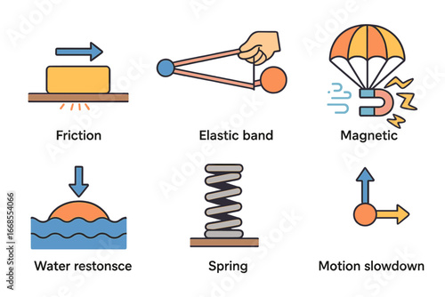 Physics Resistance Icons. Flat vector mini-illustrations resistance in physics in colors children's illustrations: friction,