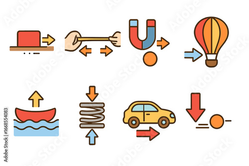 Physics Resistance Icons. Flat vector mini-illustrations resistance in physics in colors children's illustrations: friction,