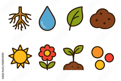Plant Growth Icons. Flat vector mini-illustrations plant absorption in colors children's illustrations: roots, water droplet, leaf