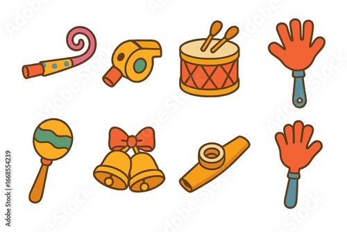 Playful Noise Makers. Flat vector mini-illustrations playful noise makers in colors children's illustrations: party horn, whistle,