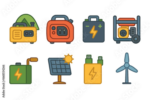Portable Generators Icons. Flat vector mini-illustrations portable generators in colors children's illustrations: camping