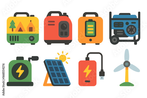 Portable Generators Icons. Flat vector mini-illustrations portable generators in colors children's illustrations: camping
