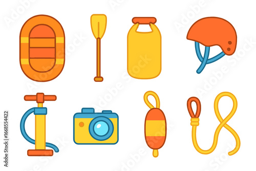 Rafting Gear Icons. Flat vector mini-illustrations rafting equipment in colors children's illustrations: raft, paddle, dry bag,