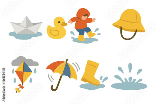 Rainy Day Fun. Flat vector mini-illustrations rainy day toys and games in colors children's illustrations: paper boat, rubber duck