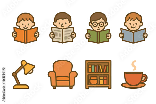 Reading Corner Icons. Flat vector mini-illustrations readers in colors children's illustrations: child reading book, adult reading