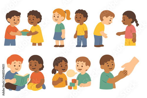 Respectful Behavior Icons. Flat vector mini-illustrations Respectful behavior in colors children's illustrations: sharing food,