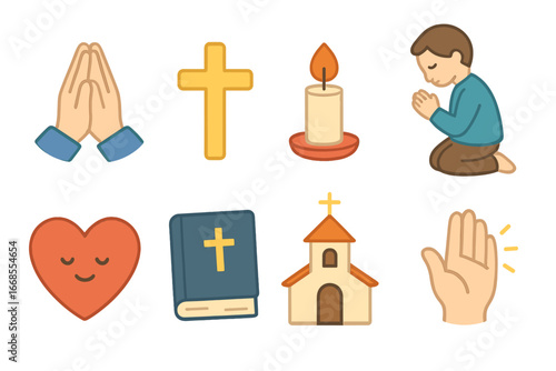 Religious Symbols for Kids. Flat vector mini-illustrations Humility in religion in colors children's illustrations: praying hands,