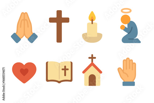Religious Symbols for Kids. Flat vector mini-illustrations Humility in religion in colors children's illustrations: praying hands,