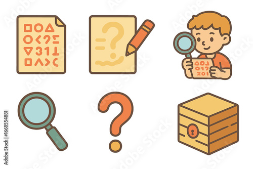 Secret Message Icons. Flat vector mini-illustrations secret messages in colors children's illustrations: coded letter, invisible