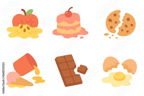 Smashed Food Icons. Flat vector mini-illustrations smashing food in colors children's illustrations: crushed fruit, smashed cake,