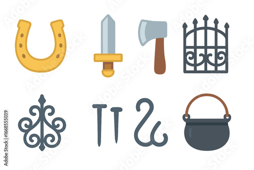 Smithy Creations for Kids. Flat vector mini-illustrations smithy products in colors children's illustrations: horseshoe, sword,