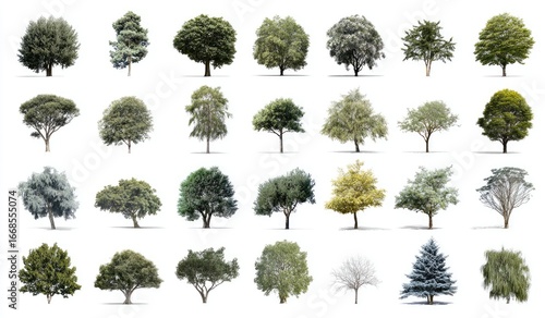 Collection of diverse trees against white background