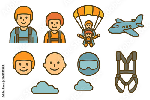 Tandem Skydive Fun. Flat vector mini-illustrations tandem skydiving in colors children's illustrations: instructor, child tandem,