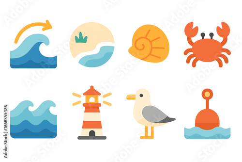 Tidal Adventure Icons. Flat vector mini-illustrations tidal current in colors children's illustrations: tide, beach, shell, crab,