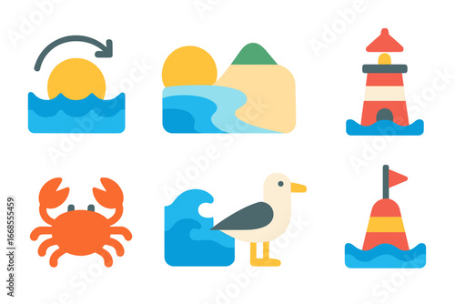 Tidal Adventure Icons. Flat vector mini-illustrations tidal current in colors children's illustrations: tide, beach, shell, crab,