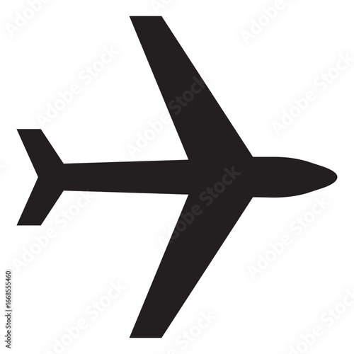 Black airplane icon, simple jet silhouette symbol, flight or travel aviation pictogram