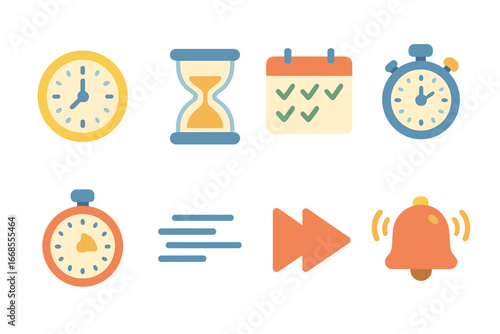 Time Management Icons. Flat vector mini-illustrations time efficiency in colors children's illustrations: clock, hourglass,