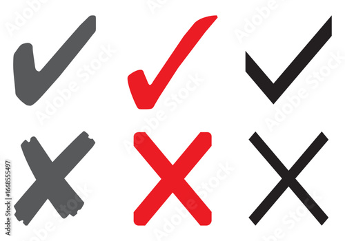 Check mark and cross icons, tick and cancel pictogram set in black, red, and gray variations