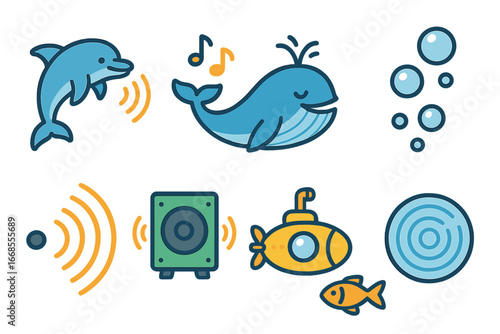 Underwater Sounds Icons. Flat vector mini-illustrations underwater sounds in colors children's illustrations: dolphin clicking,