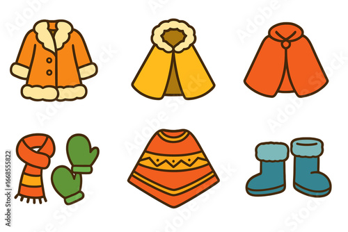 Winter Apparel Icons. Flat vector mini-illustrations Winter gowns in colors children's illustrations: fur coat, wool cloak, parka,