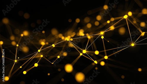 Abstract network of interconnected golden points and lines on a dark background