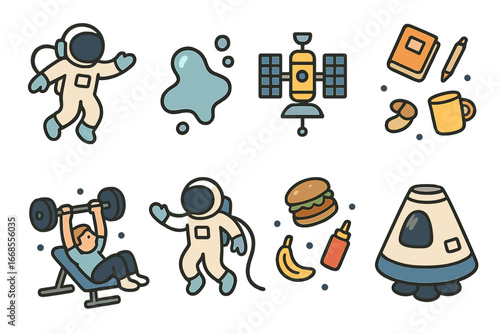 Zero Gravity Icons. Flat vector mini-illustrations zero gravity in colors children's illustrations: floating astronaut, weightless
