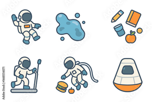 Zero Gravity Icons. Flat vector mini-illustrations zero gravity in colors children's illustrations: floating astronaut, weightless