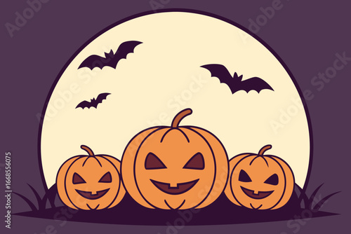 Three grinning pumpkins under a pale moon with flying bats