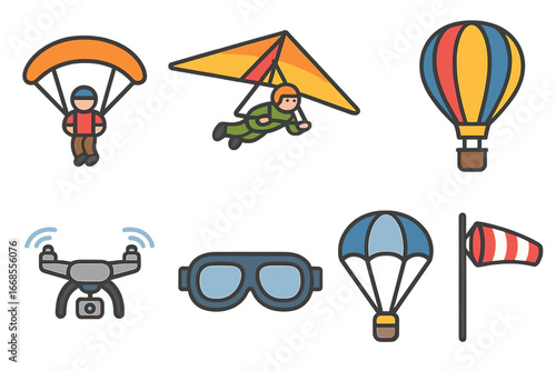 Aerial Sports Icons. Flat vector mini-illustrations aerial sports in colors children's illustrations: paraglider, hang glider,