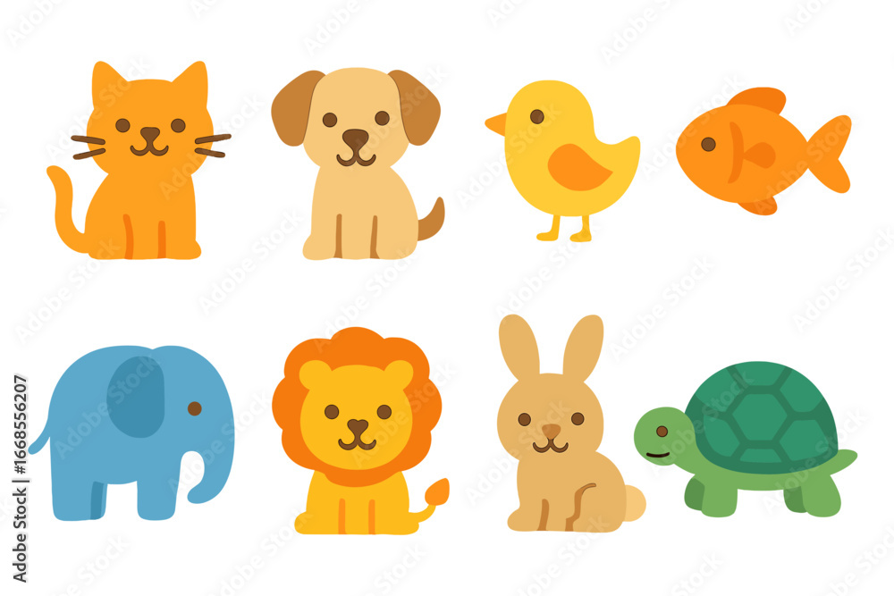 Fototapeta premium Animal Icons Grid. Flat vector mini-illustrations animal icons in colors children's illustrations: cat, dog, bird, fish, elephant,