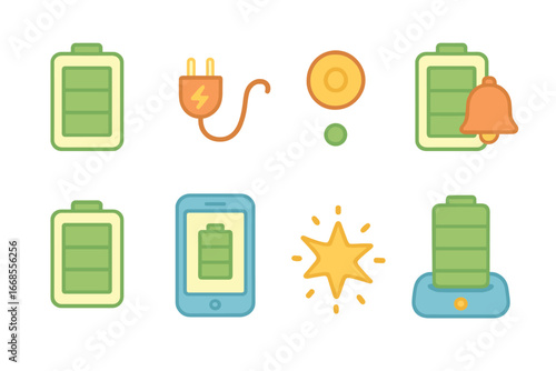Battery Fully Charged. Flat vector mini-illustrations battery charging completion in colors children's illustrations: battery at