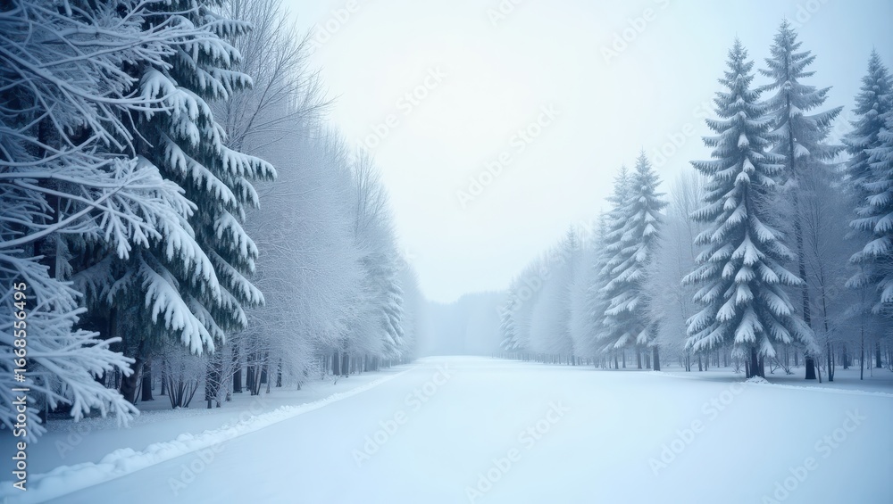 Obraz premium A serene winter landscape showcases a snow-covered forest pathway, with frosted trees lining a wide expanse of pristine white snow, bathed in a soft, pale light.