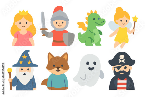 Bedtime Story Icons. Flat vector mini-illustrations bedtime story characters in colors children's illustrations: princess, knight,