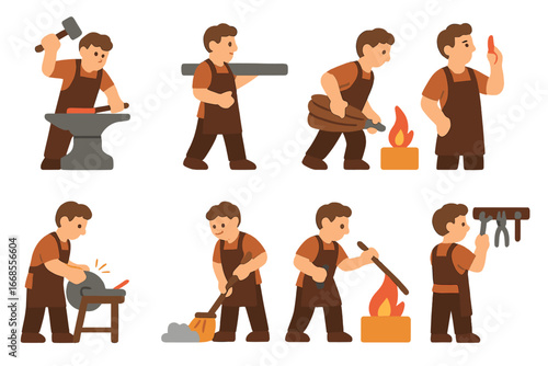 Blacksmith at Work. Flat vector mini-illustrations blacksmith daily work in colors children's illustrations: hammering anvil,