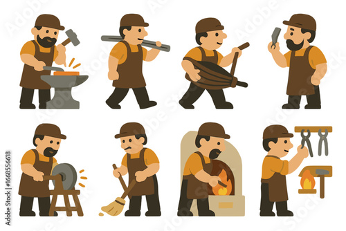 Blacksmith at Work. Flat vector mini-illustrations blacksmith daily work in colors children's illustrations: hammering anvil,