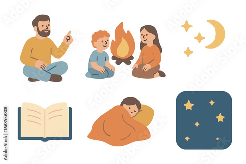 Campfire Storytime Delight. Flat vector mini-illustrations storytelling end in colors children's illustrations: storyteller,