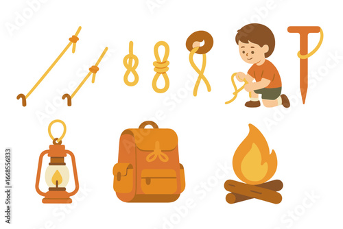 Camping Essentials Icons. Flat vector mini-illustrations camping ropes in colors children's illustrations: tent ropes, knots,