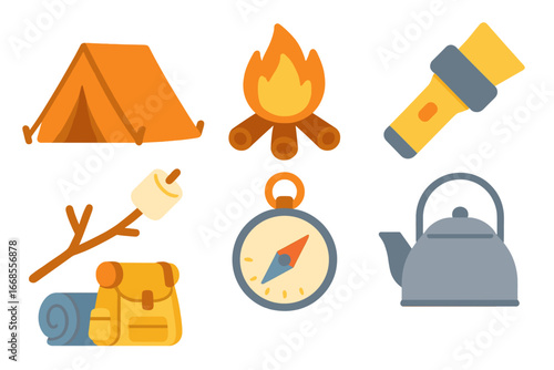 Camping Gear Icons. Flat vector mini-illustrations camping gear in colors children's illustrations: tent, campfire, flashlight,