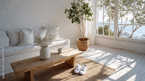 Resting Feet on Low Wooden Coffee Table in Bright Minimalist Living Room