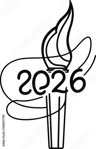 Black and white line art of Olympic torch with ‘2026’, minimal hand-drawn vector style 1