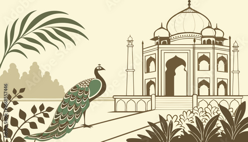 Mughal garden, peacock, arch, bird illustration for wallpaper. Jungle Mural vector wallpaper. Flat isolated vector illustration